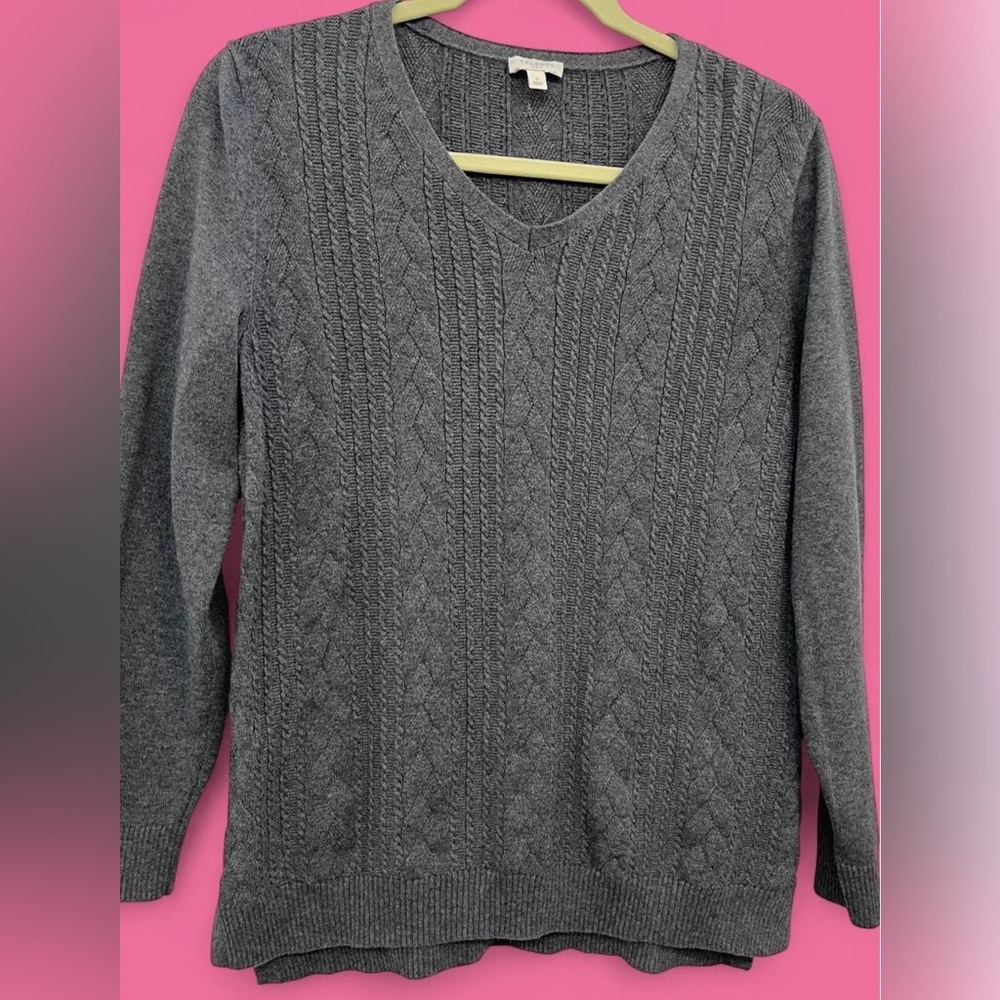 Talbots Grey Cotton Cable Knit V-Neck Sweater